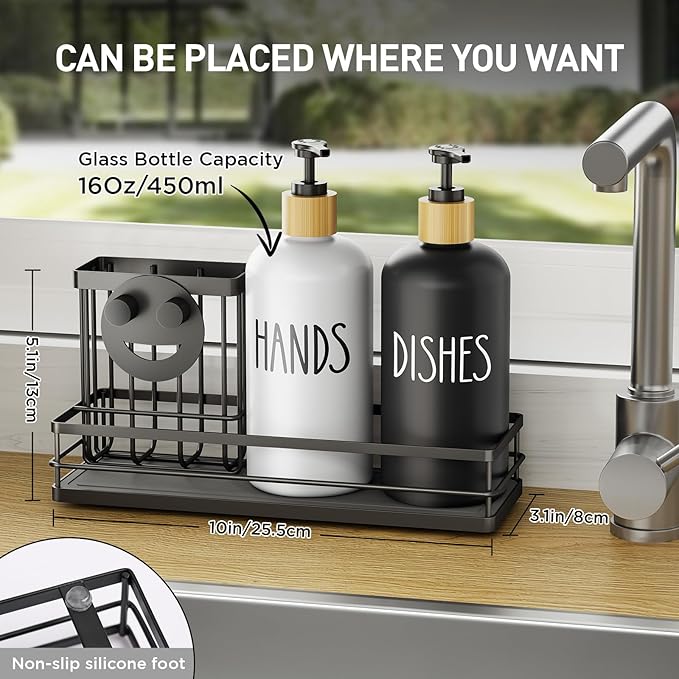 Moforoco Kitchen Dish Soap Dispenser Set, 16OZ Glass Bottle, Hand and Dish Soap Dispenser Set, Instant Dry Tray, Non-Slip Silicone Pad, Brush Holder with Smiley Face Sponge Holder, Kitchen Decor