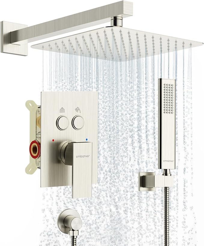 Shower System Shower Faucet Set with Push-Button Diverter and Wall Supply Elbow 10 Inch Shower Head Brushed Nickel