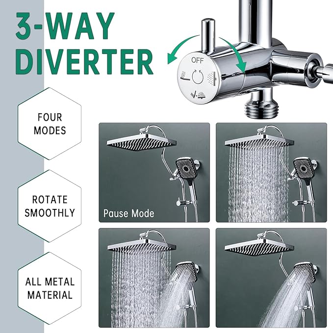 13 Inch Rainfall Shower Head with Multi-Function Handheld Sprayer Combo, 3-Way Metal Extended Diverter with Holder and Metal Adjustable Curved Shower Extension Arm, Extra Long Hose Chrome