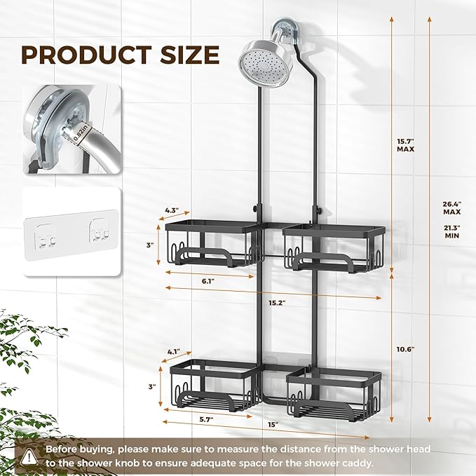 REINHARDT Shower Caddy Hanging for Handheld Showerheads Adjustable Split Shower Caddy, Rustproof Shower Organizer with Hooks for Razors Over the Head Caddy with Soap Holder Bathroom Accessories, Black