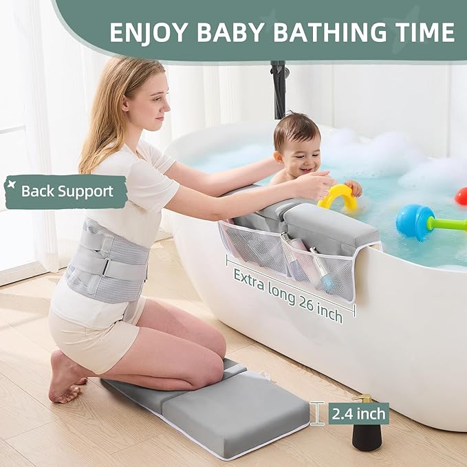 IFNOW Baby Bath Kneeler and Elbow Rest Pad Set- 26'' Extra Long and 2.4'' Thick- with Back Brace，Quick Dry Kneeling Pad for Bathing Baby with Knee & Arm Support, Non-Slip Bathtub Mat with Organizer
