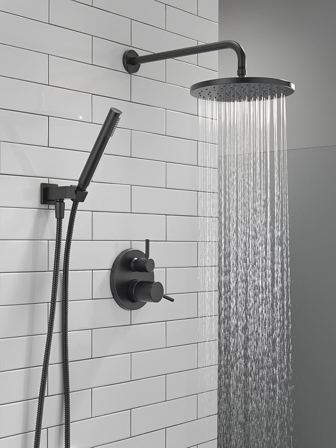 Delta Modern 14 Series Round Rain Shower System Faucet Set, Rainfall Matte Black Shower Head and Handle Set, Valve Trim Kit, 10 Inch, Matte Black 342702-BL