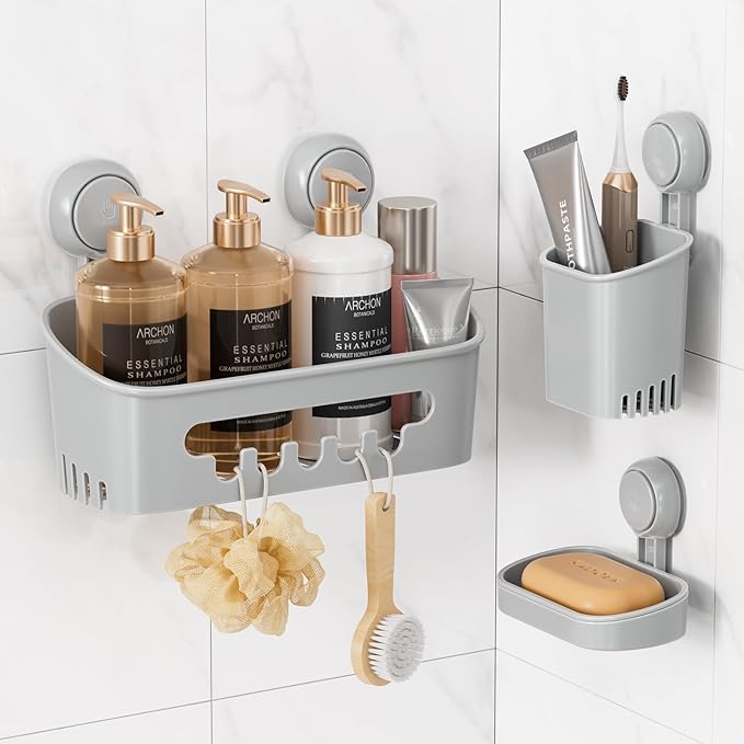 LEVERLOC Shower Caddy Suction Cup Set Shower Organizer & Soap Holder & Toothbrush Holder, Bathroom Shelf Basket NO-Drilling, Removable Suction Storage Waterproof Bathroom Caddy, Gray