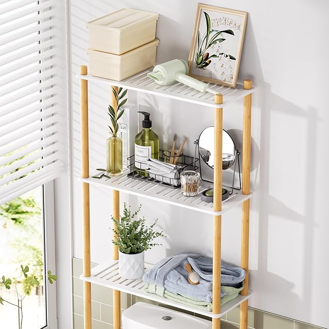 AmazerBath Bamboo Over The Toilet Storage Shelf, Bathroom Storage Organizer Rack, 3-Tier Bathroom Shelves Space Saver, White and Natural Color
