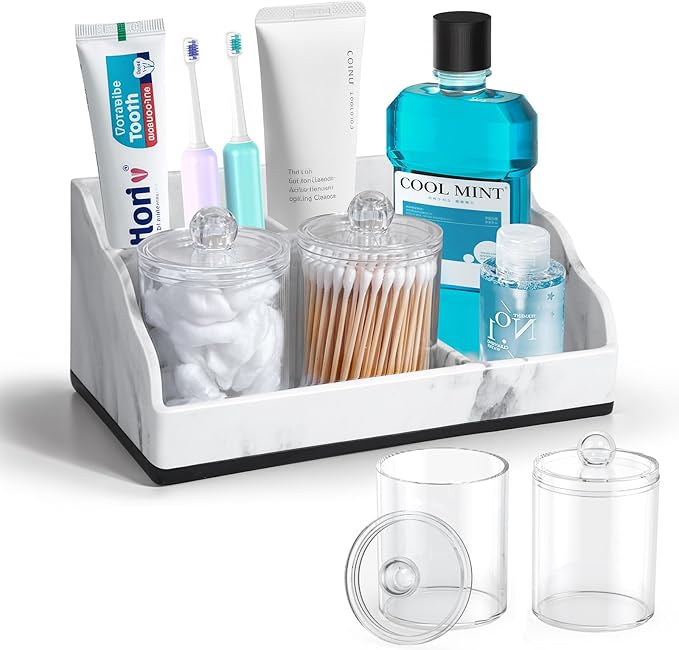 Marble Bathroom Countertop Organizer, Toothbrush Holders for Bathroom with 2PCS Qtip Holder Dispenser and Toothpaste Holder Drainage for Bathroom Accessories Organization Counter Vanity Storage