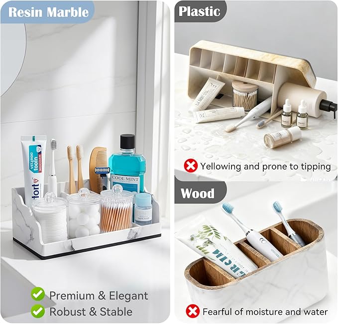 Bathroom Counter Organizer with 3PCS Qtip Holder, Marble Toothbrush Holders for Bathrooms, Bathroom Organizers and Storage with Drain Holes, Electric Toothbrush Holder, Vanity Organizer