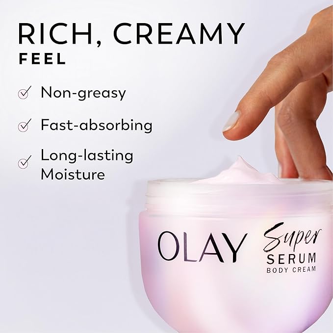 Olay Super Serum Body Cream for Dry Skin, 24hr Long Lasting Hydration, 5+ Ingredient Serum Complex for Bright Even Firm Luminous Skin, Sweet Vanilla & Soft Wood Scent,10 fl oz