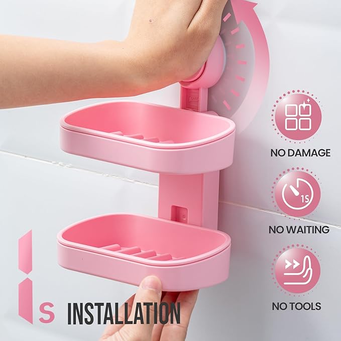 TAILI Double Layer Soap Dish Holder Suction Cup, Strong Sponge Holder for Shower, No Tools Soap Saver for Bathroom, Tub and Kitchen Sink, Shower Accessories, Drill-Free, Removable, Pink