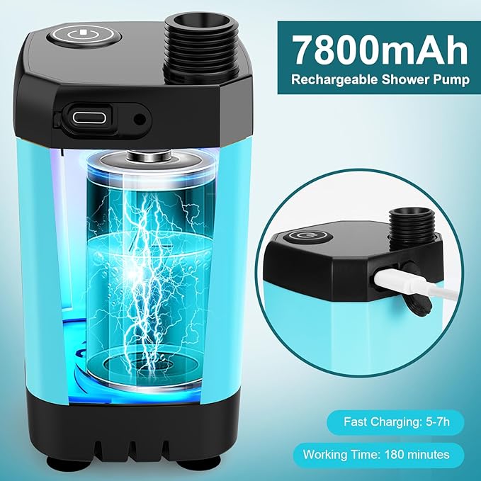 Portable Shower for Camping with 20L / 5.28 Gallons Foldable Bucket, 7800mAh Rechargeable Shower Pump, Outdoor Shower Kit with Digital Display for Hiking, Travel, Car, Pet