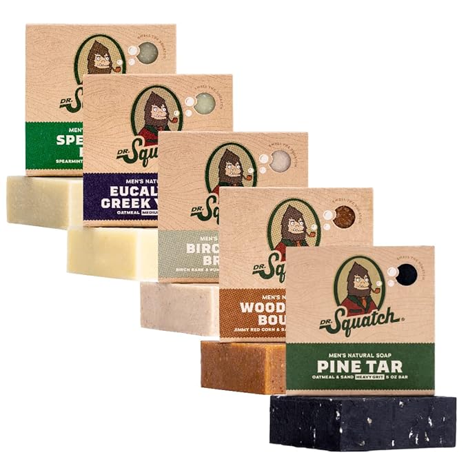 Dr. Squatch Natural Bar Soap for Men - Cold Process Soap with No Harsh Chemicals - Pine Tar, Wood Barrel Bourbon, Birchwood Breeze, Spearmint Basil & Eucalyptus Greek Yogurt (5 oz, 5-Pack)