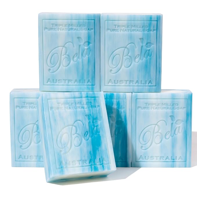 BELA Ocean Soap 3.3 OZ Pack of 6, Long Lasting French Triple Milled Bar Soap with Organic Shea Butter, Hand, Face and Body Wash Bar, Made in Australia