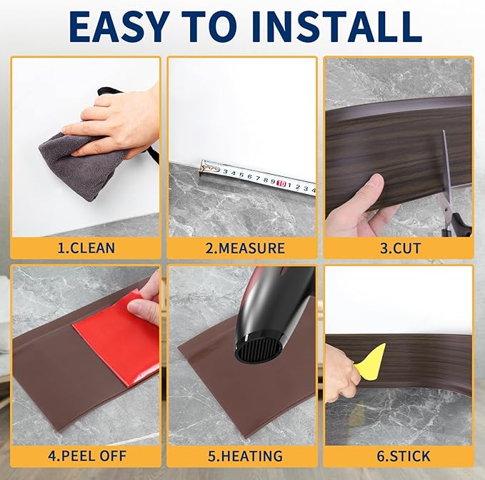 Flexible Baseboard Molding Trim 4 Inch Self-Adhesive Vinyl Wall Base Peel and Stick Cove Base Rubber Wall Baseboard Moulding Trim (40Ft, Brown Oak)