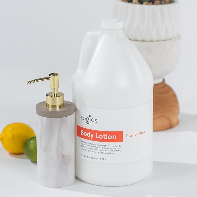 Zogics Moisturizing Body Lotion, Hydrating Body Lotion for Women and Men, Nourishing Formula Made with Essential Oils, Great for Refillable Lotion, Citrus and Aloe Scent (1 Gallon)