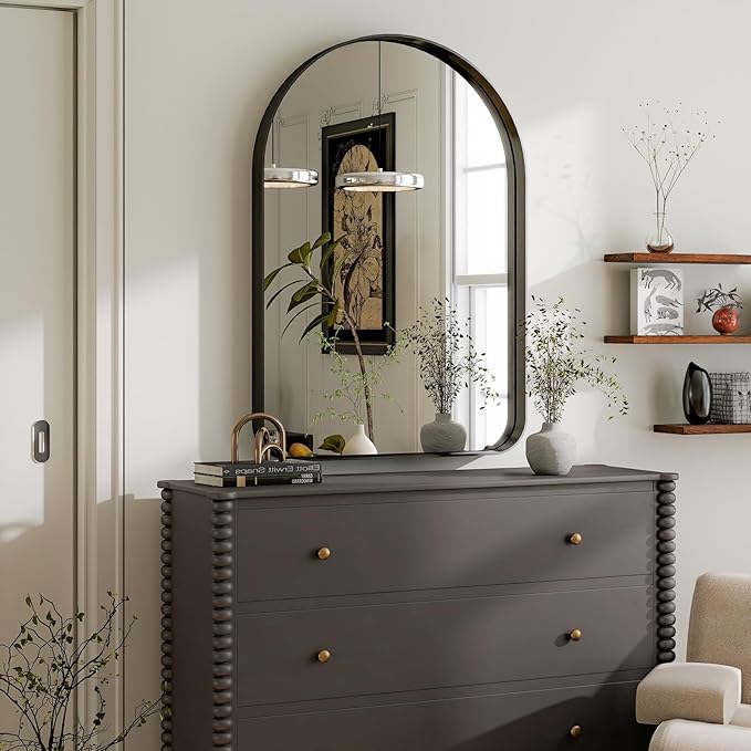 GLSLAND 24”x36“ Black Arched Bathroom Mirror - Aluminum Alloy Framed Wall- Matted Wall Mirrors for Bedroom, Entryway Mirrors for Wall