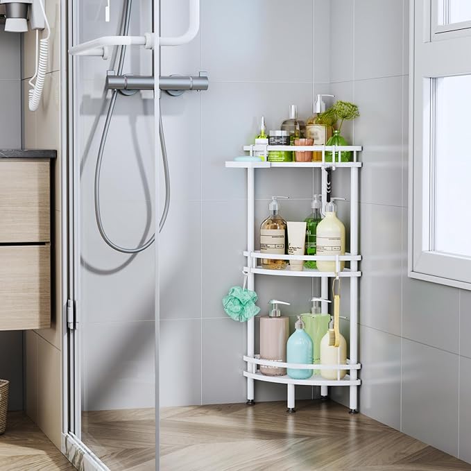 HapiRm Standing Corner Shower Caddy - 3 Tier Shower Organizer Corner with Soap Holder and 4 Hooks, Rustproof Bathroom Storage Shelves with Adhesives, White