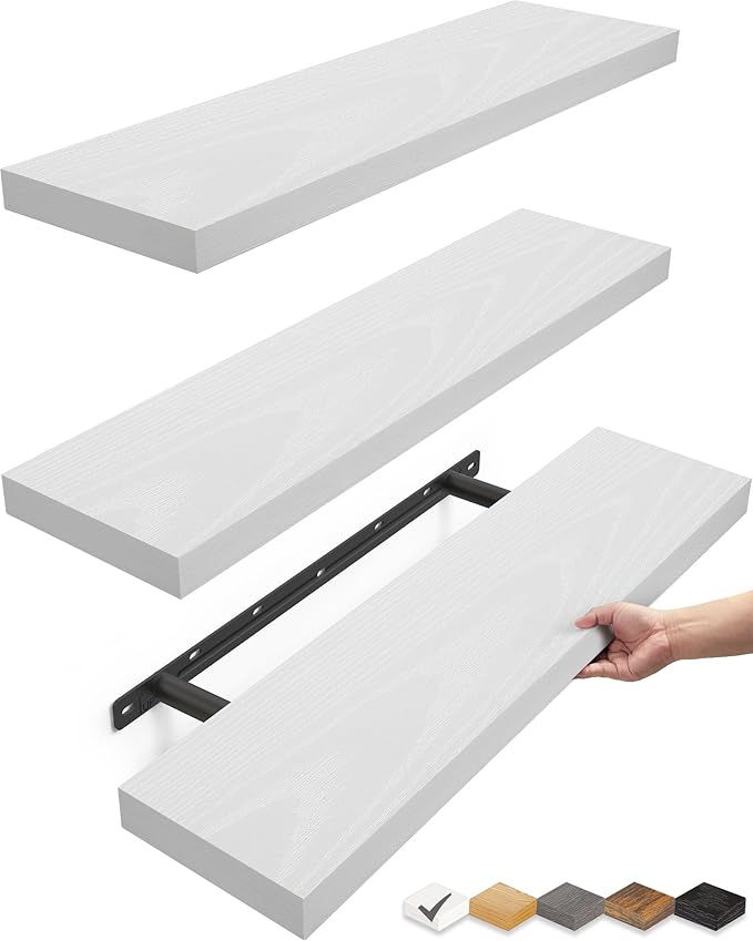 BAYKA White Floating Shelves for Wall, 22.5 inches Wall Mounted Rustic Wood Shelves for Bathroom, Bedroom, Living Room, Floating Shelves for Books/Storage/Decor (Set of 3)