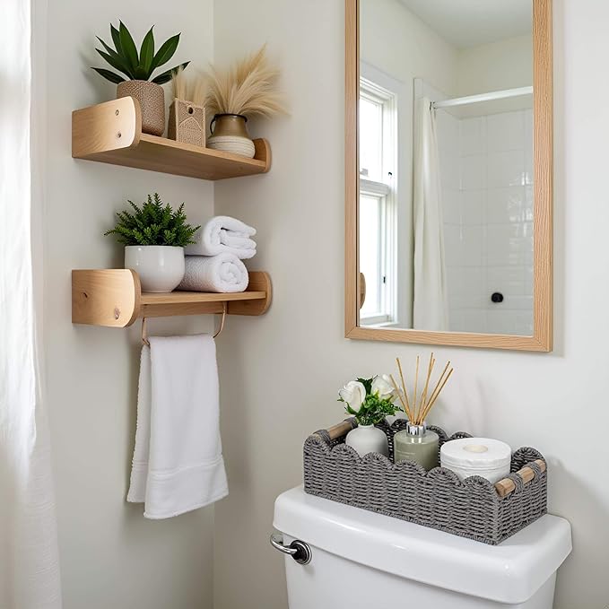 CubesLand Scalloped Decor Basket for Living Room, Home, Bathroom, 2SAME SIZE Paper Rope Basket, Toilet Storage Baskets for Over Toilet Storage Shelf, Cozy Woven Basket Both Storage&Decor, Grey
