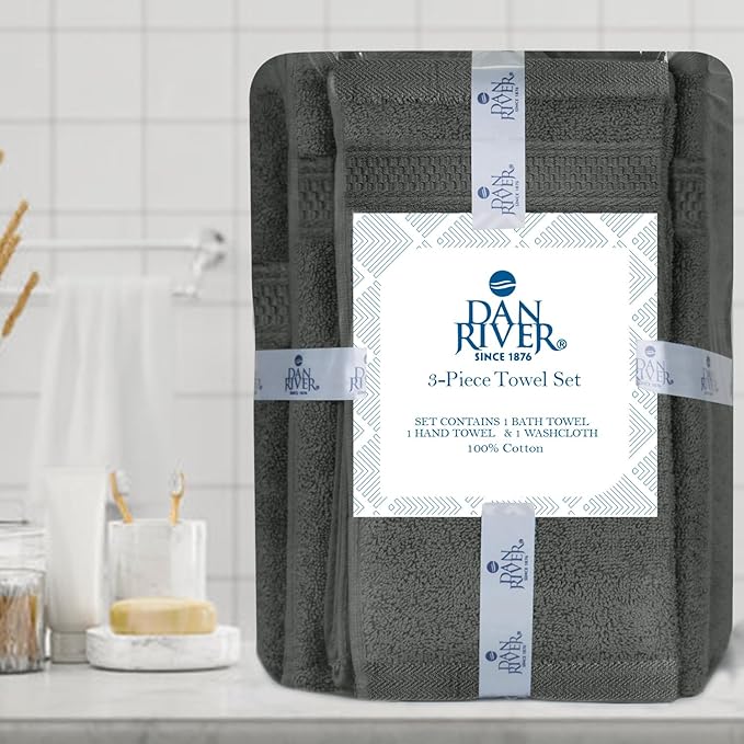DAN RIVER 100% Ring Spun Cotton 3-Piece Towel Set, Grey, Bath Towel, Hand Towel and Washcloths, 550 GSM - Soft, Absorbent Quick Dry Cotton Towels for Bathroom, Spa, and Gym