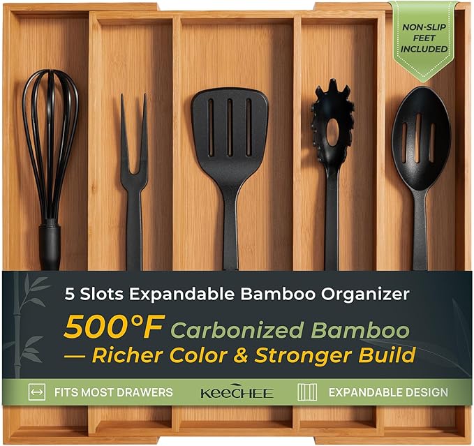 Carbonized Bamboo Kitchen Drawer Organizer, 5 Slots Expandable Silverware Organizer, Utensil Holder & Cutlery Tray, 2.2" Deep for Extra Capacity, Non-Slip Feet Included