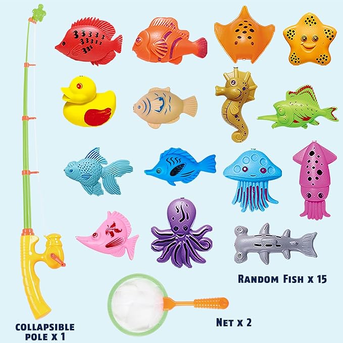 CozyBomB™ Magnetic Fishing Toys Game Set for Kids | Water Table Bathtub Kiddie Pool Party Pole Rod Net, Outdoor Plastic Floating Fish, Toddler Bath Color Ocean Sea Animals Birthday Gift Age 3-5 6 4-8