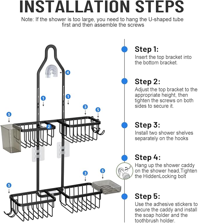 Adjustable Shower Caddy Hanging for Handheld Showerheads - Never Rust Shower Hanging Organizer, Upgraded Bathroom Shower Rack with Soap Basket, Hooks and Toothbrush Holder (Black)