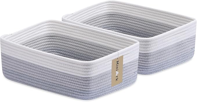 Large Shallow Organizing Baskets 15x11x5.1 Inches - Rope Woven Storage Bins for Bathroom, Shelves, Cube Closet, Gradient Grey 2 Packs