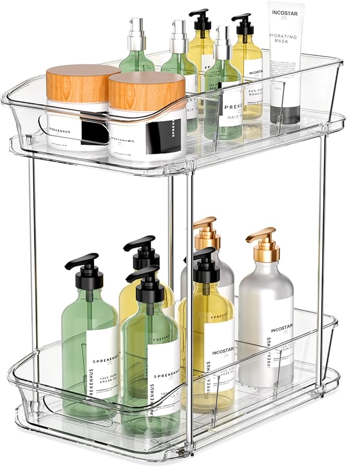 2 Tier Pull-Out Organizer for Bathroom Kitchen, Under Sink Storage with Dividers, Ideal for Cabinet, Cupboard Organization, Slide-Out Clear Storage, 1 Pack