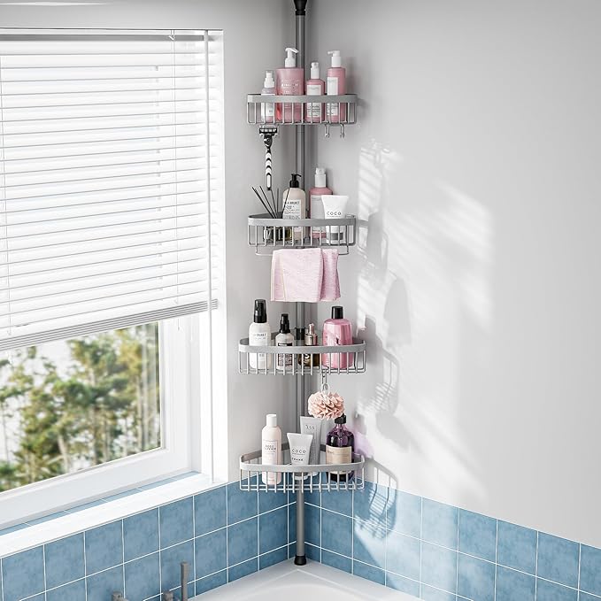 Corner Shower Caddy Tension Pole: Stainless Steel Rustproof 4-Tier Shower Organizer - 47-121 inch Adjustable Bathroom Shelves for Bathtub Shampoo Storage - Tension Rod Floor Standing Bath Rack