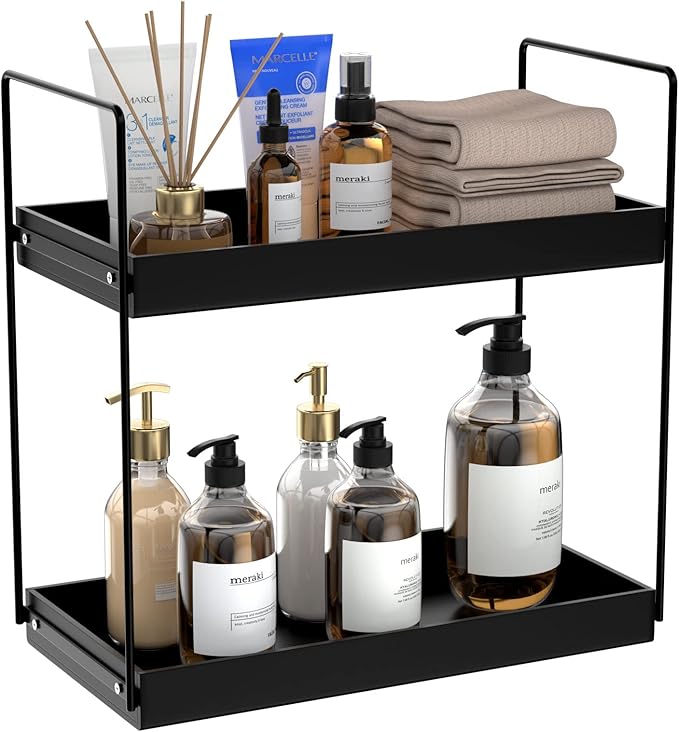 NPPLUS Bathroom Countertop Organizer, 2 Tier Metal Vanity Counter Skincare Shelf, Matte Black, 13.6"L x 6.9"W x 13.8"H