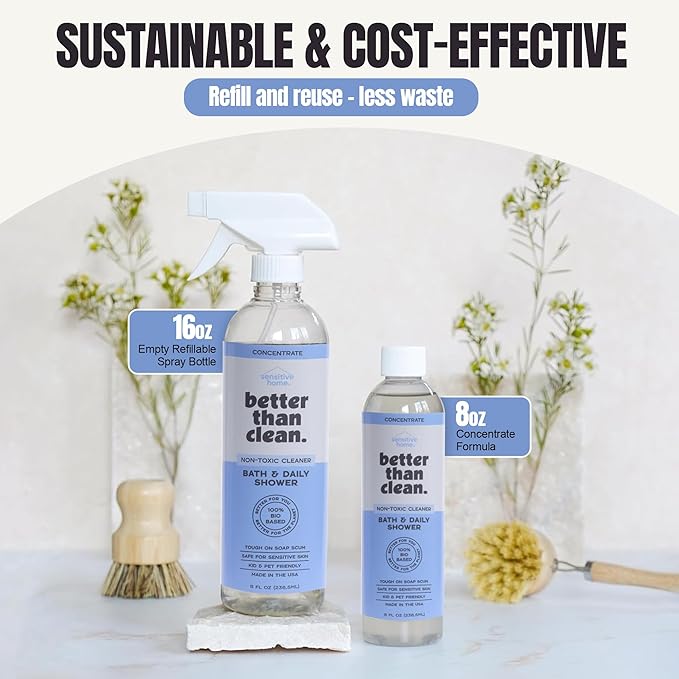 Better Than Clean™ Bath and Shower Cleaner Starter Pack – Fragrance Free, Plant-Based, Non-Toxic, Bathroom Cleaner with 8oz Concentrate & 16oz Empty Refillable Spray Bottle