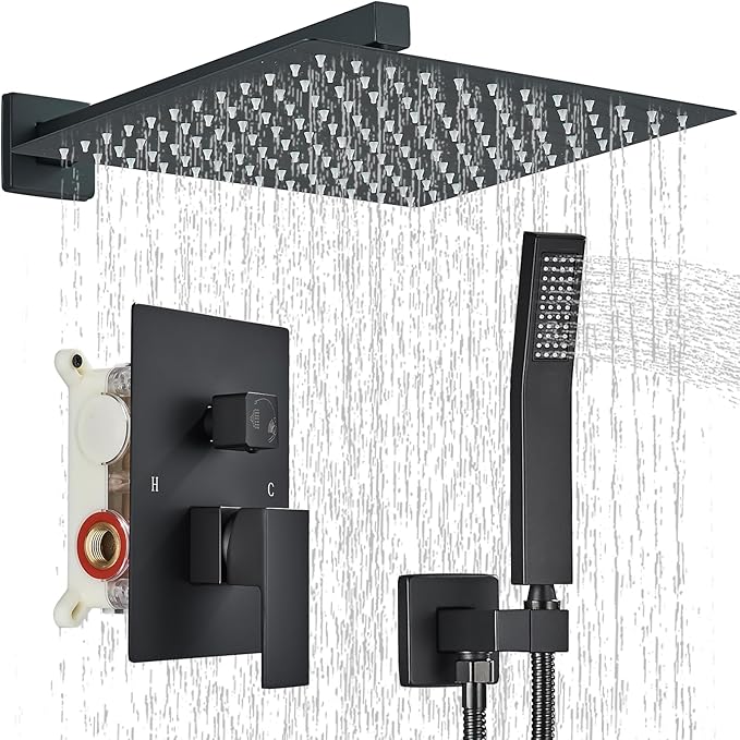 Shower Faucet Matte Black Shower System with 12 Inches Rain Shower Head and Handheld Spray Bathroom Luxury Rain Shower Faucet Set Complete Wall Mounted