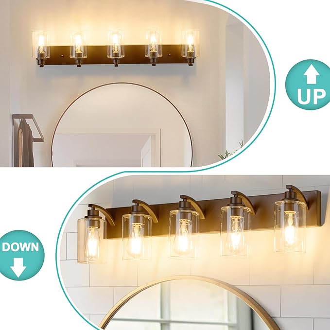 5-Light Bathroom Light Fixtures Modern ORB Vanity Lights for Bathroom Lighting Fixtures Over Mirror with Clear Glass Shade for Cabinet Mirror Bedroom Hallway