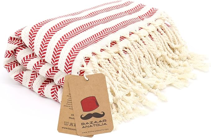 Bazaar Anatolia Turkish Beach Towel – 100% Cotton, Quick Dry, Sand Free Towel for Bathroom, Travel, Camping – Oversized 71x39 Inches – Arpa Red