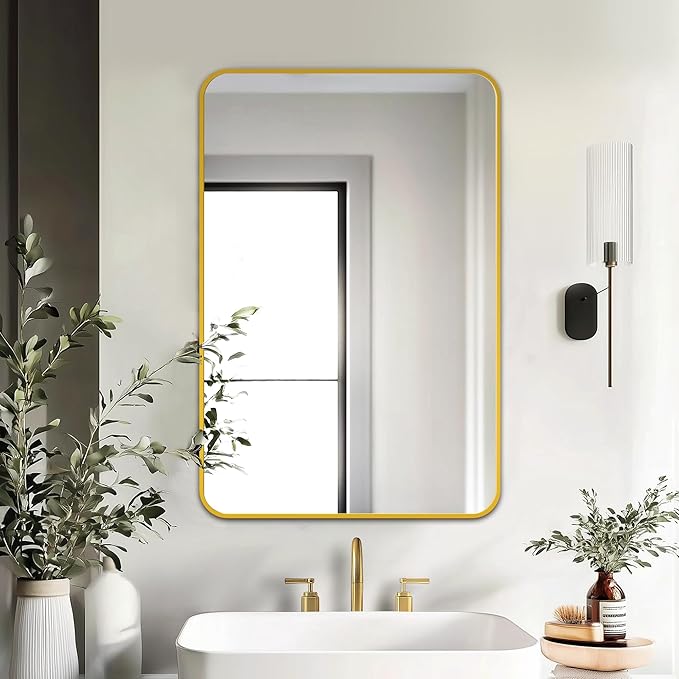 Delma Bathroom Mirror, Black Framed Bathroom Mirror for Over Sink, High-Definition Vanity Mirror, Versatile Mirror for Bathroom, Hangs Horizontally or Vertically(30x20, Gold)