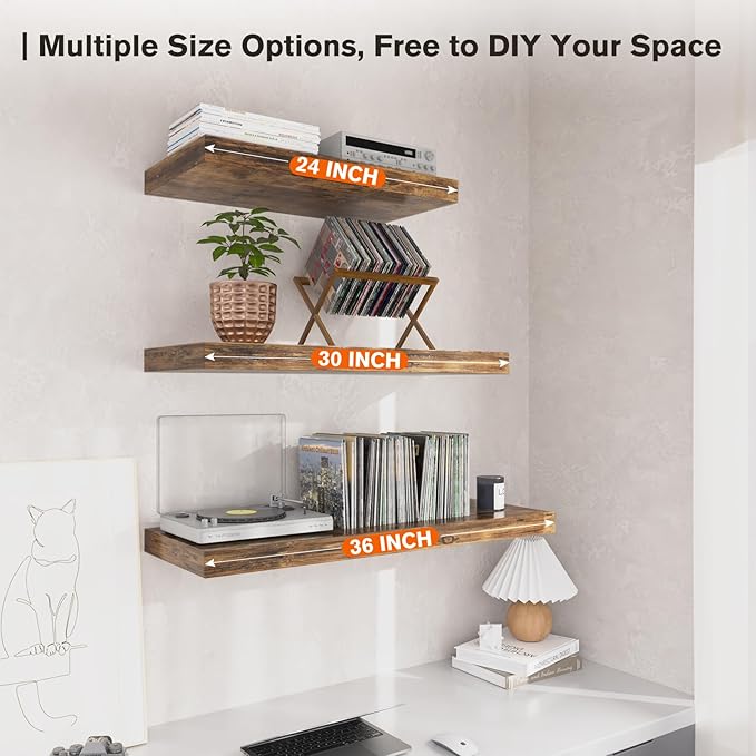 Floating Shelf, Set of 3 Wall Shelf, 36 in W x 12.75 in D x 2 in H Wooden Floating Wall Shelf with Invisible Brackets for Living Room/Bedroom/Bathroom/Kitchen Storage and Decor, Rustic Brown