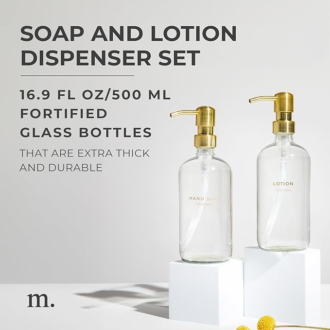MaisoNovo Soap Dispenser 2-Piece Set | 16.9oz Clear Bottles with Gold Stainless Steel Pump