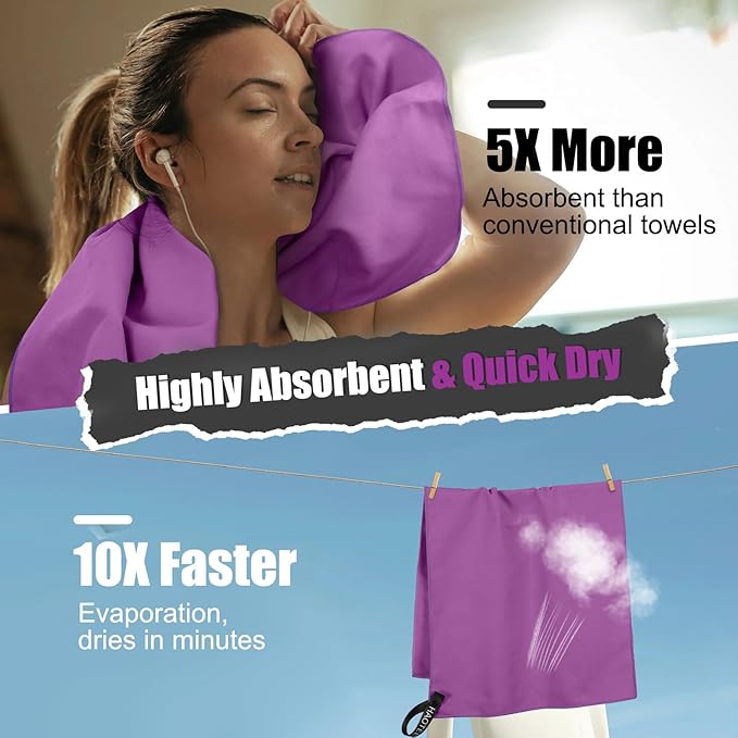 Quick Dry Travel Towel, 3 Sizes 1 Pack Camping Microfiber Towel, Lightweight Fast Drying Towels Set 60"x30", 30"x15", 15"x15" w/Bag for Gym, Beach, Hiking, Swimming, Purple