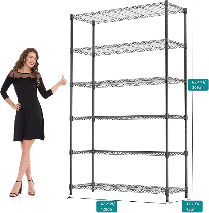 6 Tiers Shelf 2100 lbs Steel Storage Shelving Utility Shelving Unit Steel Organizer Wire Rack for Home,Kitchen,Office,Garage Black 17.7" D x 47.2" W x 82.4" H