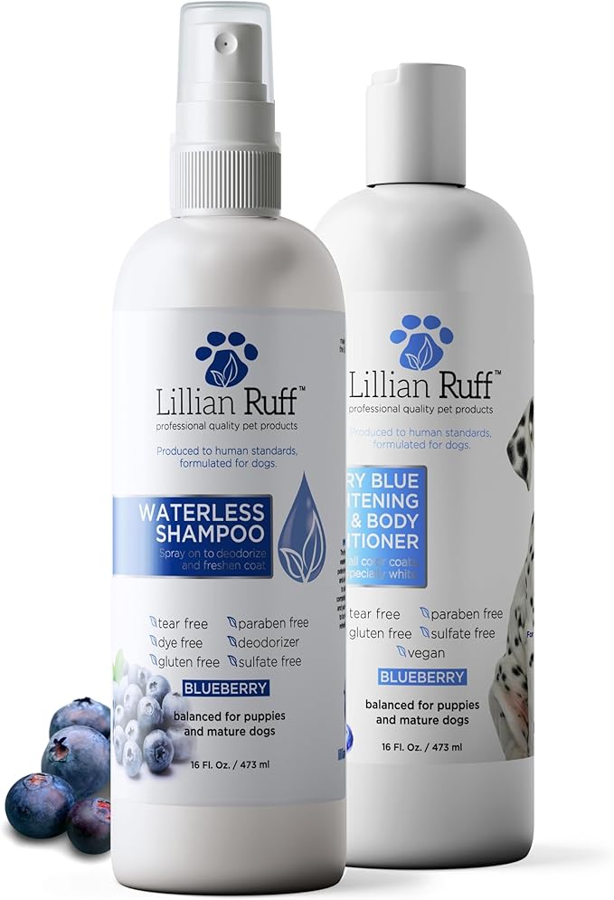 Lillian Ruff PRO Formula Blueberry Waterless Dog Shampoo & Berry Blue Brightening Conditioner - No-Rinse Odor Eliminator & Hydrating Whitening Conditioner Detangles, Restores Skin, Softness & Shine