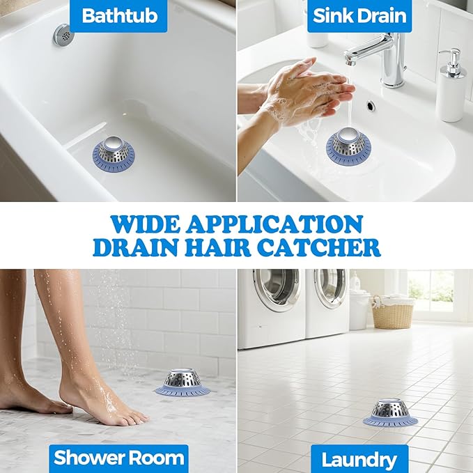 zaa Drain Hair Catcher - Bathtub Drain Cover, Hair Stopper for Bathtub Drain, 304 Stainless Steel Drain Protector and Hair Trap for Flat & Pop-up Drains, Silver Blue