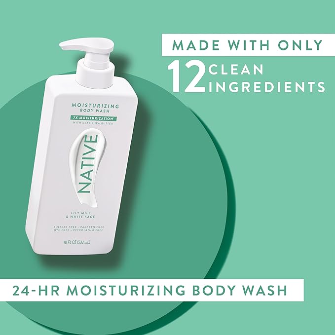 Native Moisturizing Body Wash Contains Naturally Derived Ingredients | For Women & Men, Sulfate, Paraben, & Dye Free Leaving Skin Soft and Hydrated | Lily Milk & White Sage 18 oz