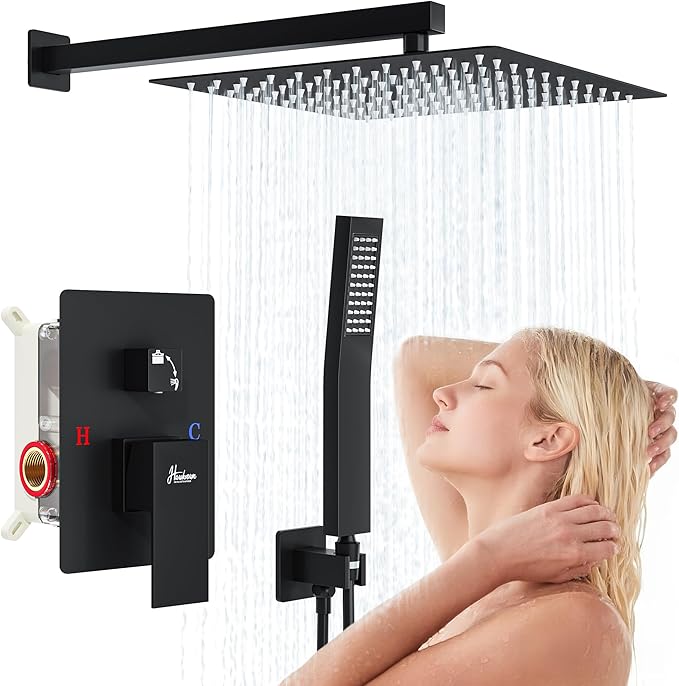 8 Inch Luxury Rain Shower Faucet Set, Matte Black Shower System with Rainfall Shower Head and Handheld Spray, SUS304 Stainless Steel and Solid Brass Wall Mounted Shower Valve Trim Kit