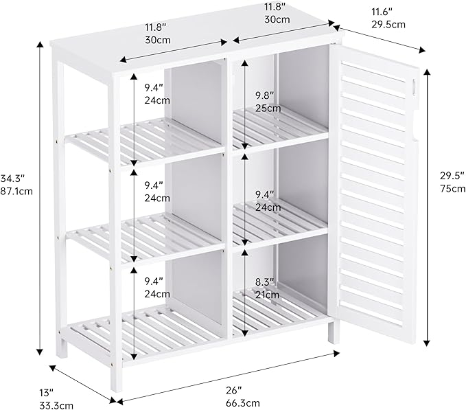 HITNET Bathroom Cabinet Freestanding, Bamboo Floor Cabinet, Side Storage Organizer with Door and 3 Shelves, Living Room Kitchen Cupboard, White