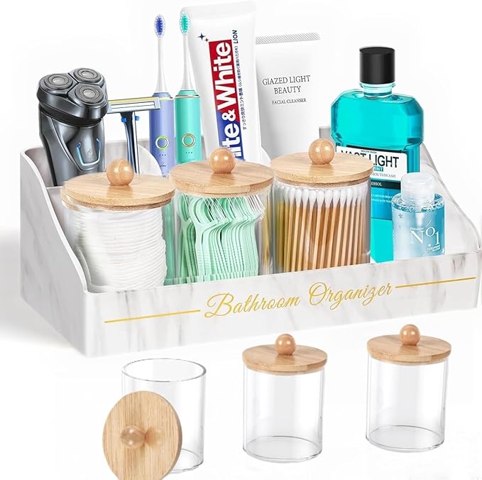 Toothbrush Holders, Toothbrush Holders for Bathroom with 6 Large Capacity Storage Slots & 3 Qtip Holders - Sturdy for Bathroom Counter Organizers and Storage Countertop - Marble White