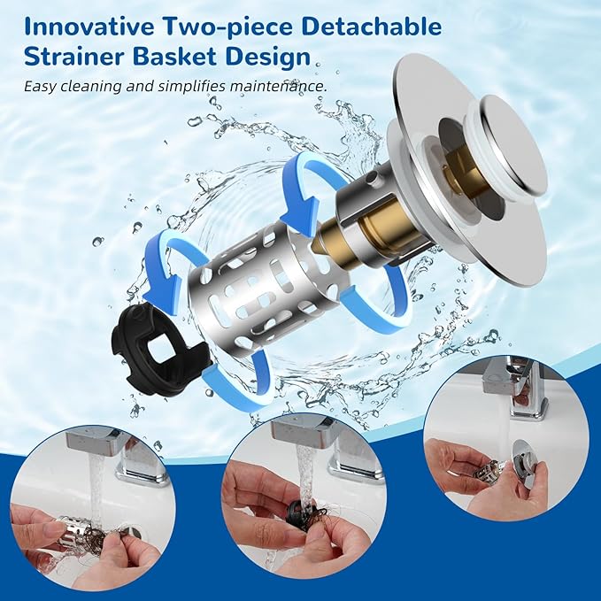 Hibbent 2 Pack 3 in 1 Bathroom Sink Drain Strainer, Universal Pop Up Stopper with Removable Stainless Steel Filter Basket Hair Catcher, Sink Plug for 1.1''~2.36'' Basin, Brass Bullet Core, Chrome