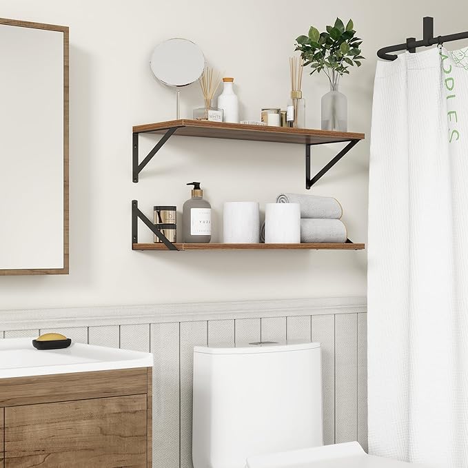 Fun Memories 27.5" W x10 D Floating Shelves, Large Wall Shelves 27.5 Inch Long, Set of 2, Farmhouse Wood Floating Shelf Wall Mounted, Deep Shelves for Bathroom, Living Room, Kitchen, Walnut Color