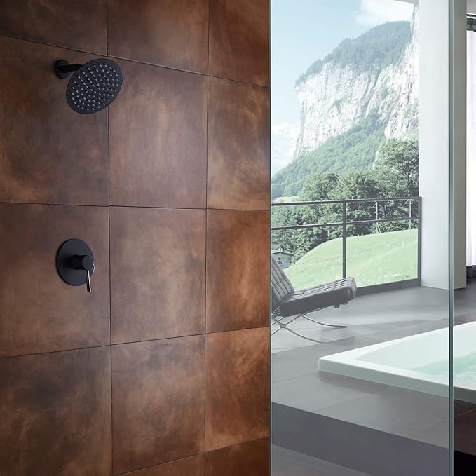 sumerain Matte Black Shower Faucet Set Pressure Balance Cartridge, 8 Inches Rain Shower Head, with Non-return Check Valves