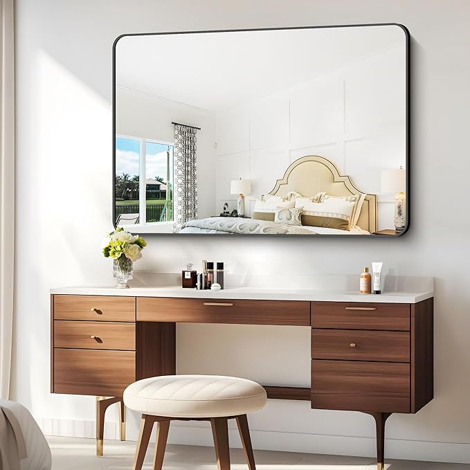 55x36 inch Bathroom Mirror,Black Rectangle Mirror,Wall Mounted Bathroom Frame Vanity Mirror with Round Corner for Bedroom Living Room, Entryway Hangs Horizontal or Vertical