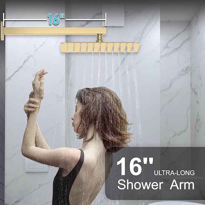 KOJOX Shower System Bathroom Luxury 12 Inch Rain Shower Head with Handheld Mixer Shower Combo Set Wall Mounted Shower Faucet Trim with Valve Brush Gold