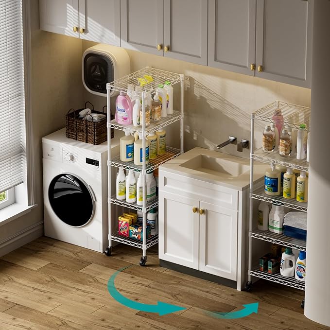 SINGAYE 5 Shelves Storage Shelf Wire Closet Bathroom Organizers Metal Pantry Kitchen Small Garage Shelving Unit Laundry Room Organization Home Narrow Rack Net Basket with Wheels White